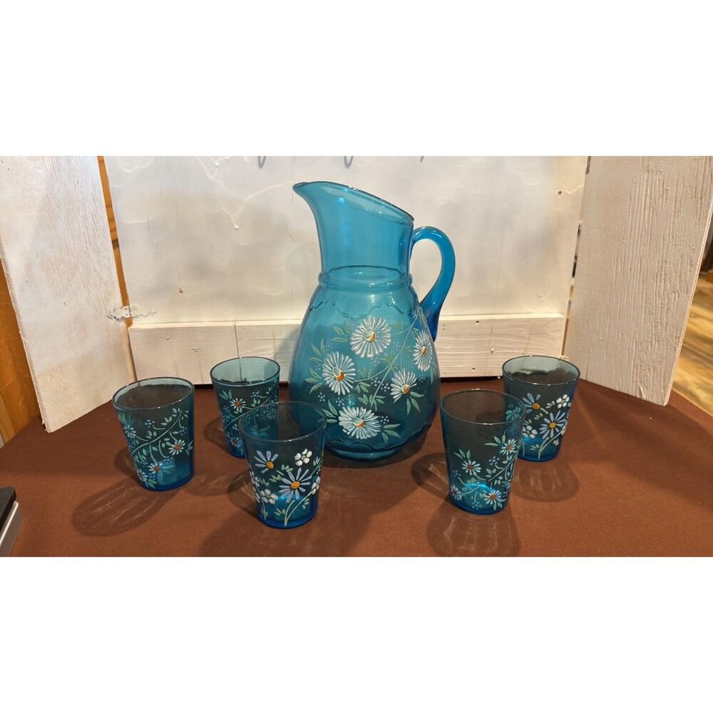 Vintage Northwood Blue Panel Pitcher Vase With 5 Tumbler Cups Enamel Floral